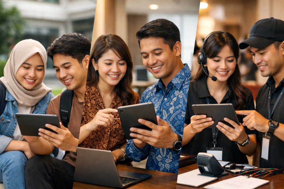 Wide angle commercial advertising photography, close-up focus on Samsung Galaxy Tab A7 Lite in hands, Indonesian students, office workers, and event crew in background bokeh, Indonesian atmosphere, Southeast Asian faces, cinematic lighting, premium lifestyle product photography, ultra detailed, sharp product focus, 16:9, no text, no watermark, no logo